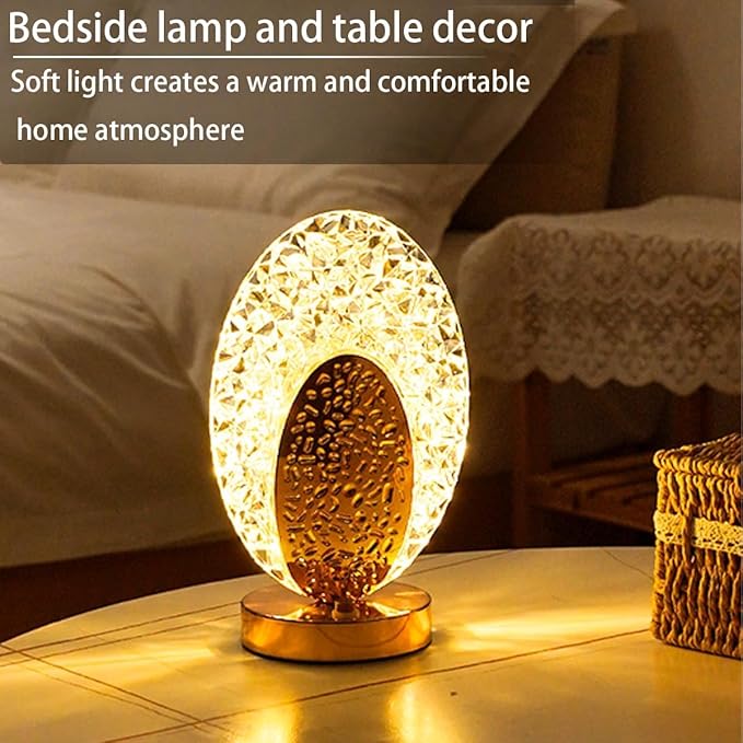 Decorative bedside lamp on a table with soft light creating a warm atmosphere.