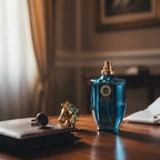 Blue perfume bottle on a wooden surface with a blurred background
