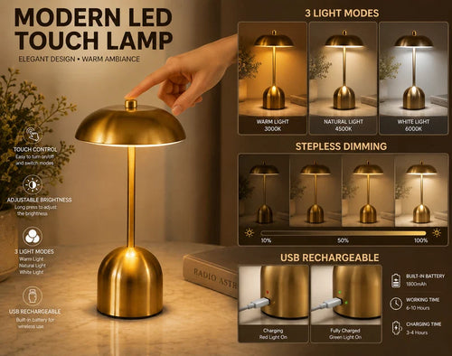 A modern brass LED touch lamp shown on a tabletop with a hand touching the top, surrounded by feature callouts and lighting mode examples. The graphic highlights touch control, adjustable brightness, stepless dimming, USB rechargeability, and three light modes: warm, natural, and white.