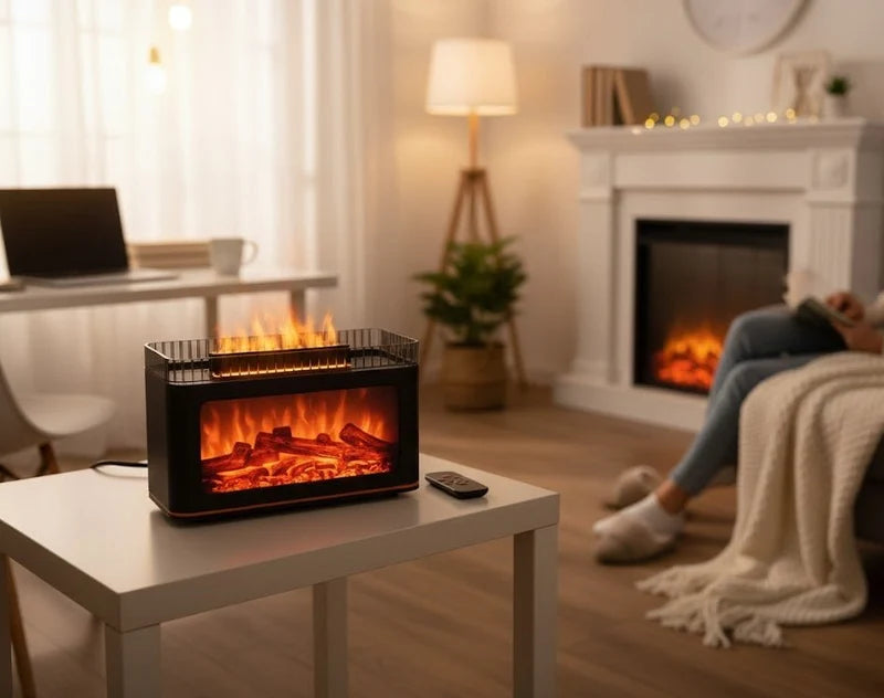 Modern living room with a small electric fireplace on a table, a person sitting by a fireplace, and a laptop on a desk.
