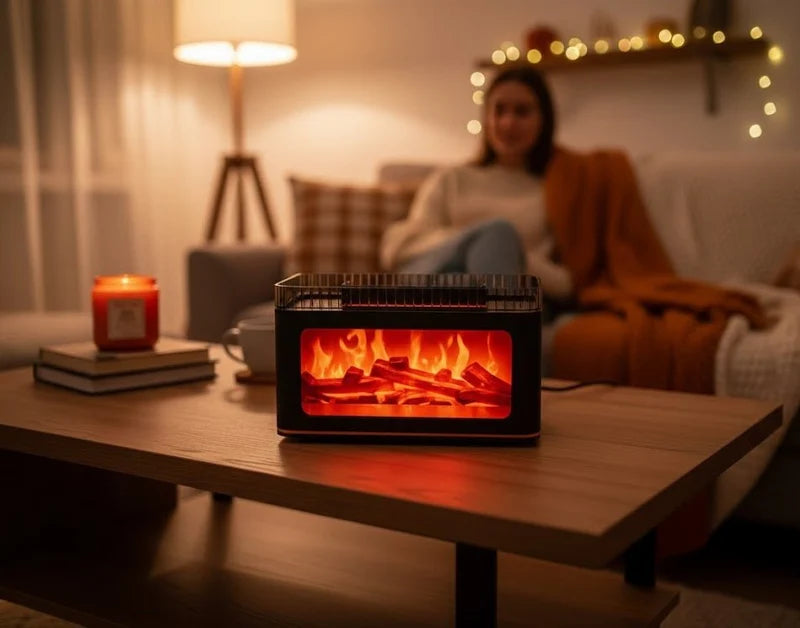 Small electric fireplace on a wooden table with a cozy living room background.
