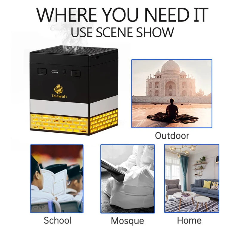 Black and yellow electronic device with scenes showing its use in various settings.