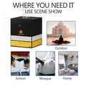 Black and yellow electronic device with scenes showing its use in various settings.