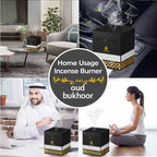 Collage of a home usage incense burner and oud bukhoor with people using it in different settings.