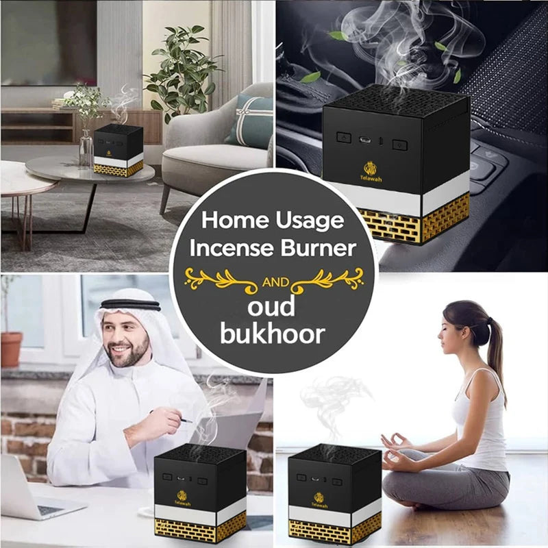 Collage of a home usage incense burner and oud bukhoor with people using it in different settings.
