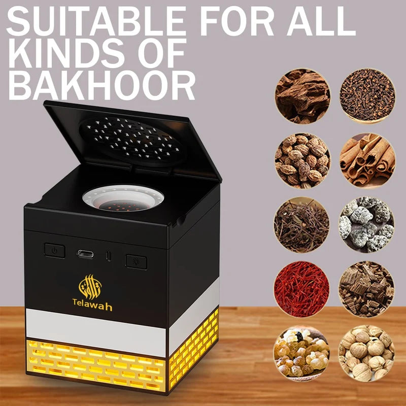 Black and yellow Bakhoor Burner with images of various types of Bakhoor on a wooden surface.